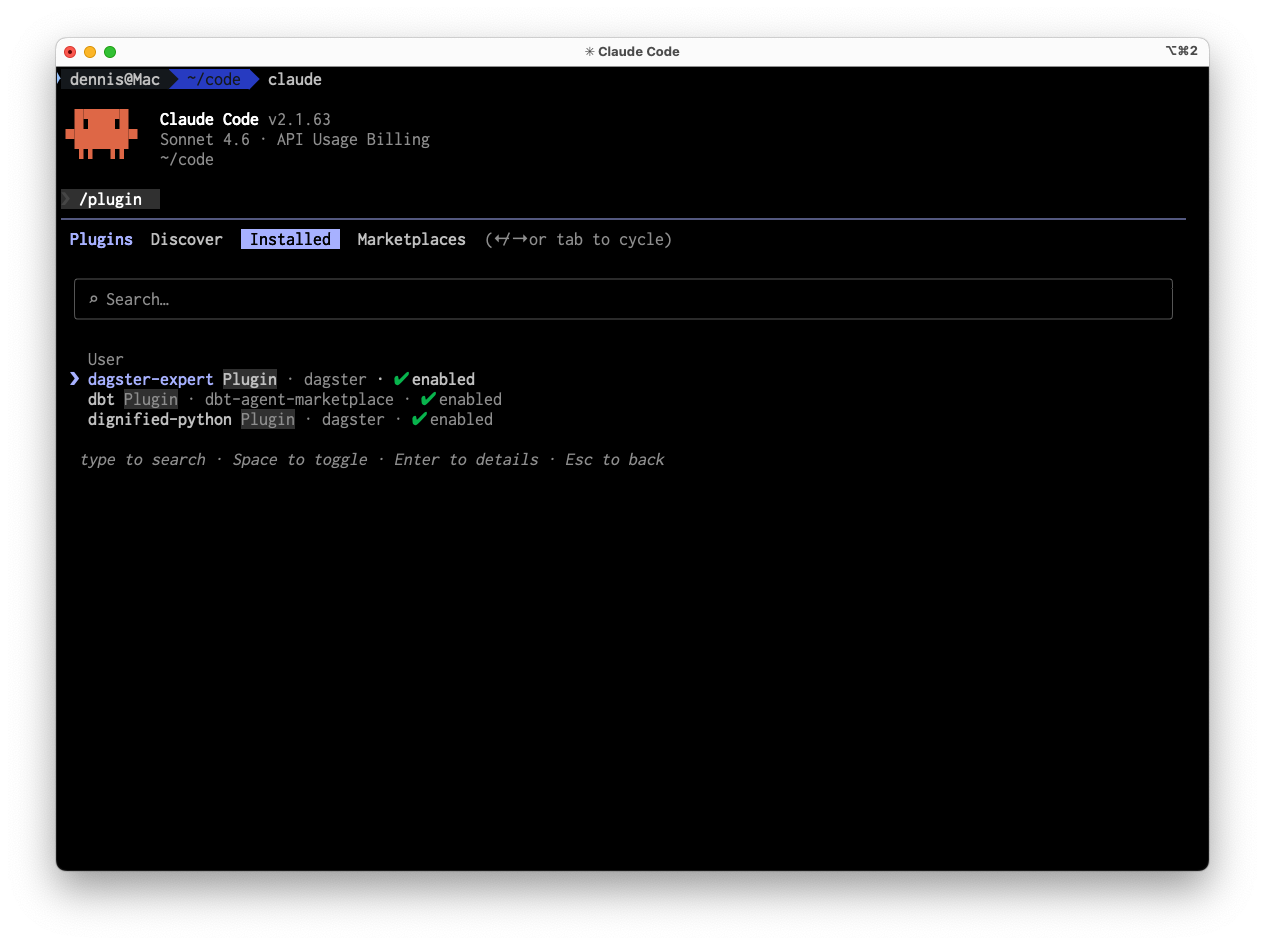 Claude Code plugin list showing dagster-expert and dignified-python enabled