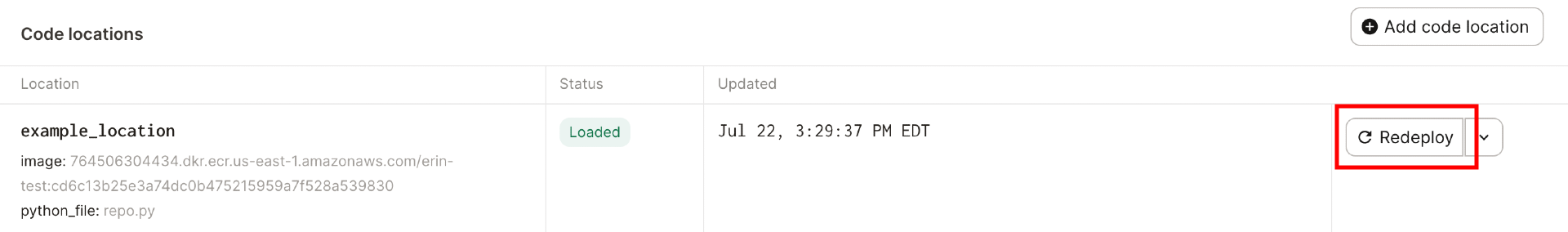Highlighted Redeploy option in the dropdown menu next to a code location in Dagster+